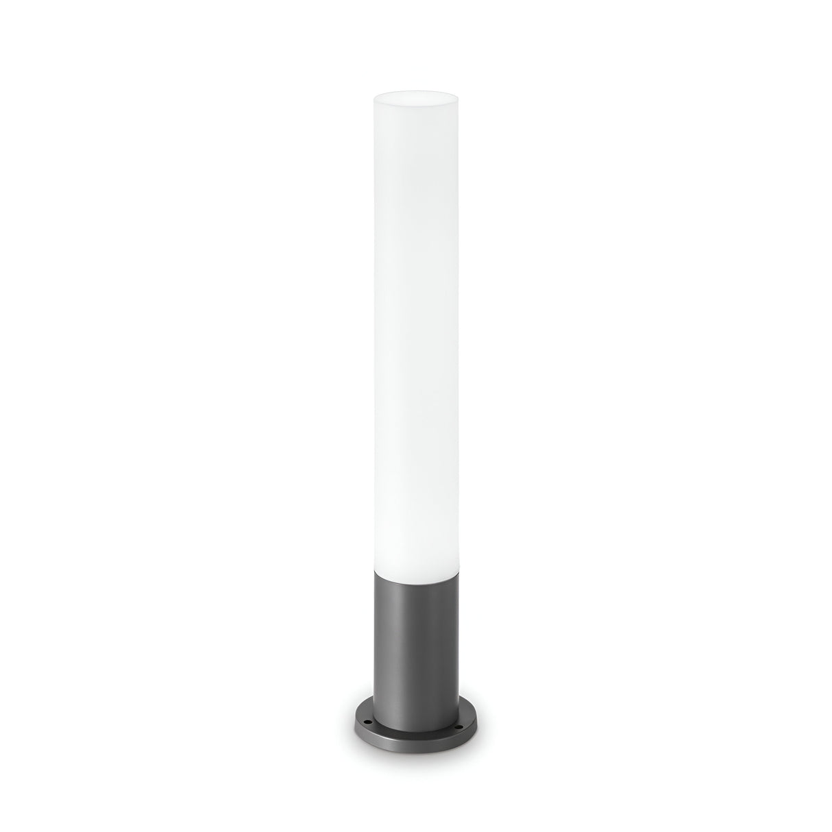 Introducing the Lumira Round Outdoor Bollard Light in Anthracite/White, a stylish addition to your interiors. This modern lighting piece boasts a tall, cylindrical anthracite and white shade paired with a sleek black base and stand. Its minimalist contemporary design seamlessly complements various interior styles while adding an elegant touch reminiscent of outdoor bollard aesthetics.
