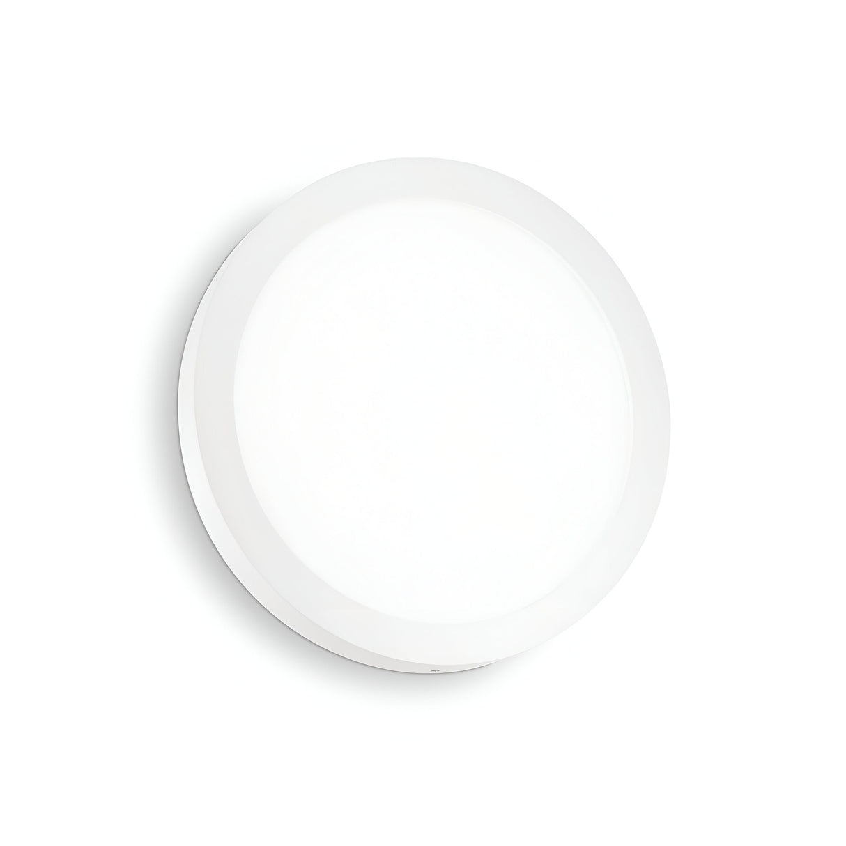 The Zephyrus Round LED Ceiling & Wall Light 25W 3000K - White, with its 30cm diameter, adds a modern touch against the white backdrop while efficiently managing energy usage.