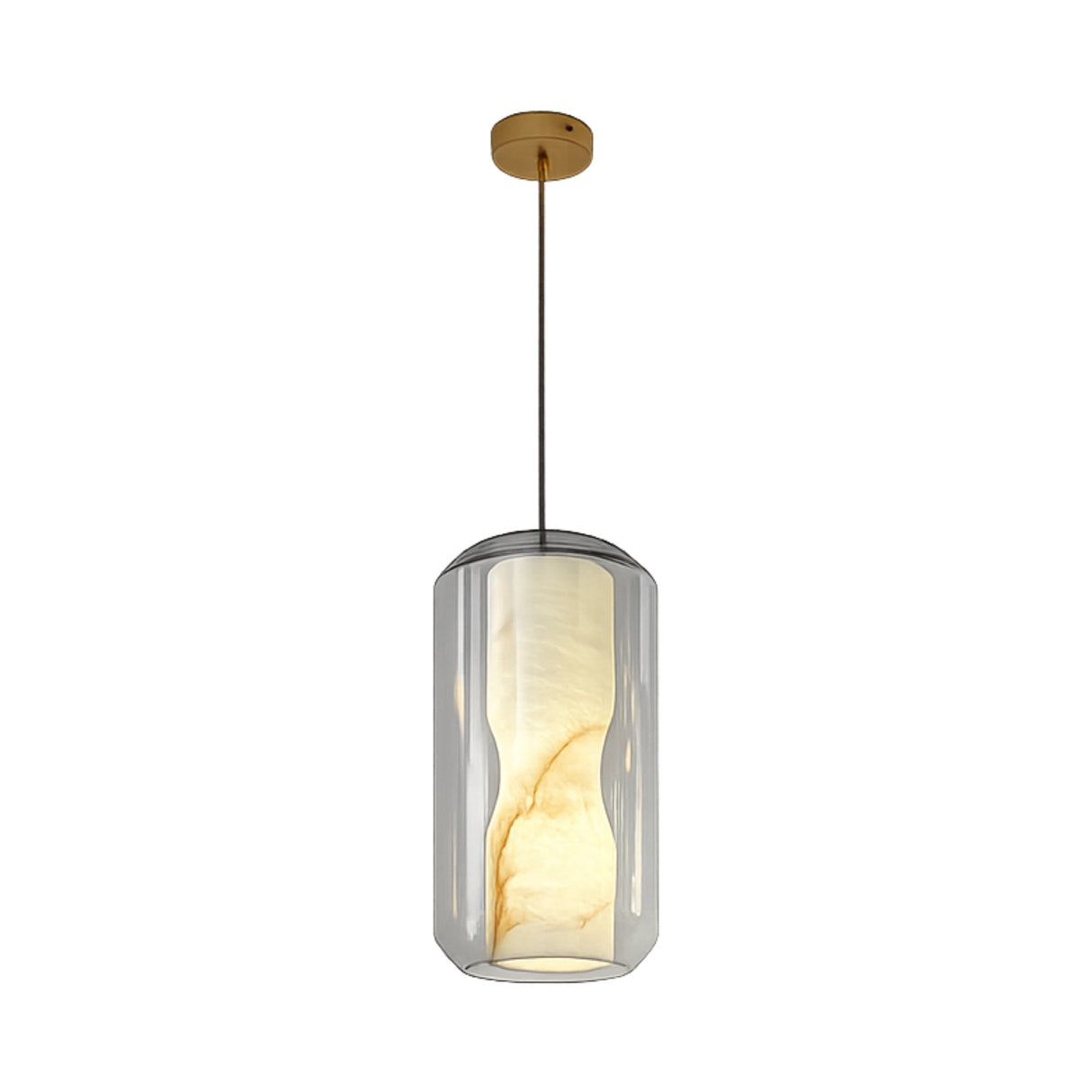The Vale 1 Light Faceted Alabaster Single Pendant Light in Soft White features a modern cylindrical glass shade, marble-effect diffuser, gold ceiling mount, and hangs from a black cord, casting a gentle, warm glow.