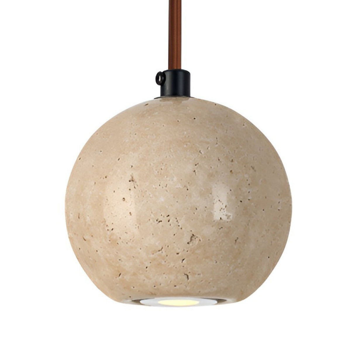 The Orvello 1 Light Sphere Travertine Single Pendant Light in light beige features a smooth, natural finish and hangs from a brown cord, offering focused illumination through a small opening at the bottom.