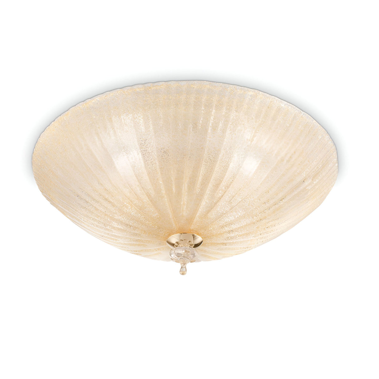 The Sapphire 3 Light Ceiling - Brass boasts a round, semi-flush design with a ribbed, frosted glass shade adorned by a refined brass finial at its core. This elegant fixture offers a warm glow, infusing any room with classic charm.