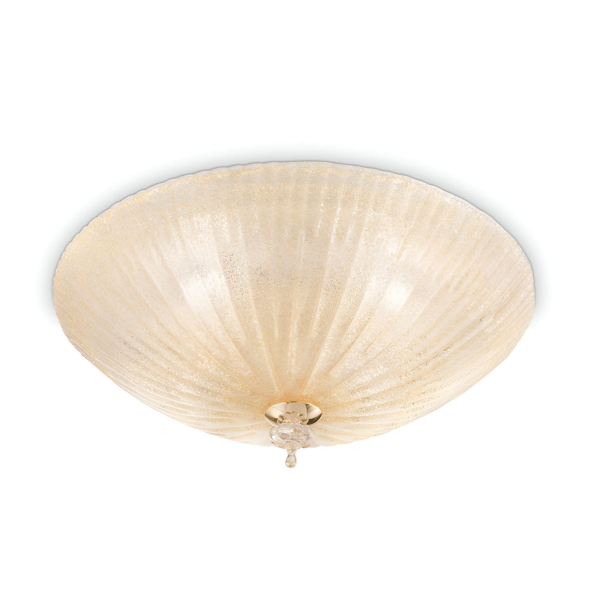 Introducing the Sapphire 4 Light Ceiling in Brass, a luxurious lighting fixture showcasing a beige ceiling light adorned with a textured, dome-shaped glass shade and complemented by an amber glass diffuser. A small decorative crystal at the center imbues the piece with elegance, perfectly blending classic design with modern charm.