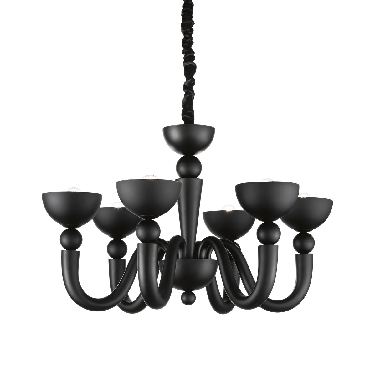 The Swift Glass 6 Light Chandelier - Black offers a sleek and contemporary design with its six curved arms and bowl-shaped light fixtures. Elegantly suspended by a textured chain, this matt black fixture boasts modern lighting with smooth curves for a sophisticated appearance.