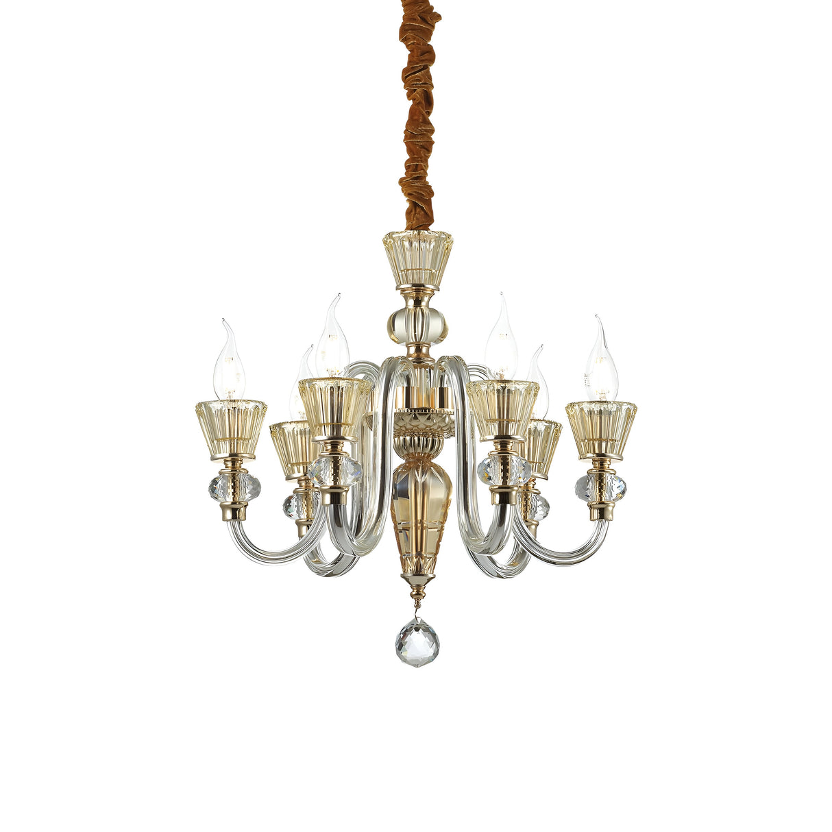 The Nexus 6 Light Chandelier - Gold/Chrome is a vintage-style lighting fixture that showcases a central glass body with six upward-curving arms, each fitted with candle-shaped bulbs. It features elegant gold and chrome accents and gracefully hangs from a brown chain, enhanced by charming amber crystal elements.