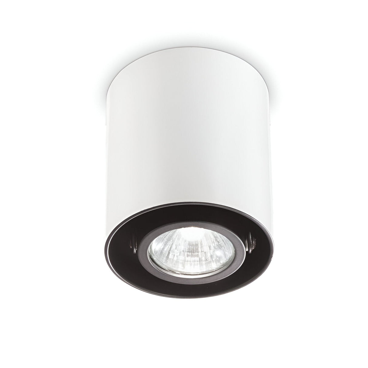 The Eclipsa Round Downlight - White, 9cm is a cylindrical ceiling light fixture that embodies minimalist design, featuring a sleek black interior and a central bulb to enhance your modern lighting setup.