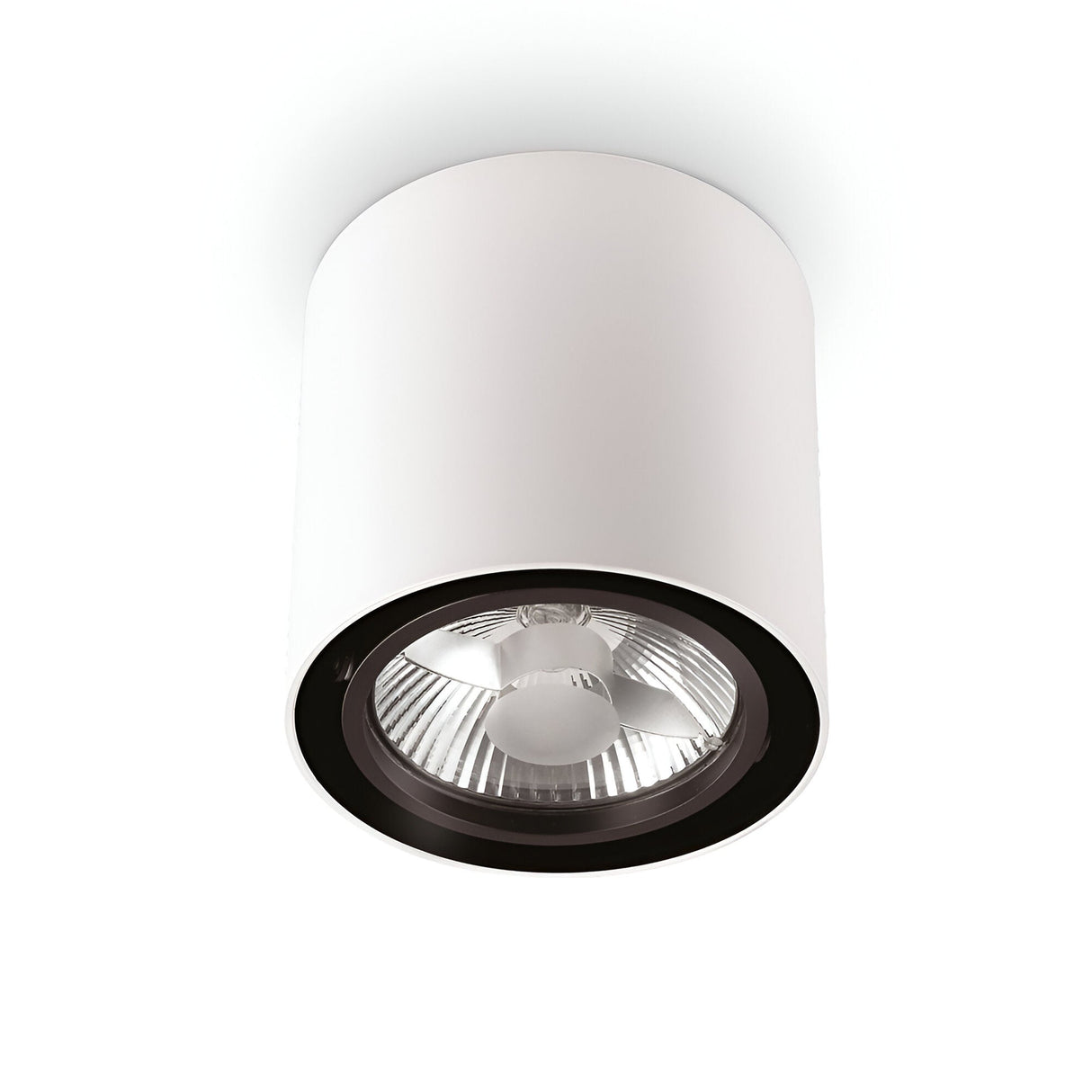 Close-up of a modern lighting solution featuring a ceiling fixture with a white cylindrical body and visible bulb, set against a plain white background. This elegant piece showcases a sleek white finish, embodying the sophistication akin to an Eclipsa Round Downlight - White, 15cm.