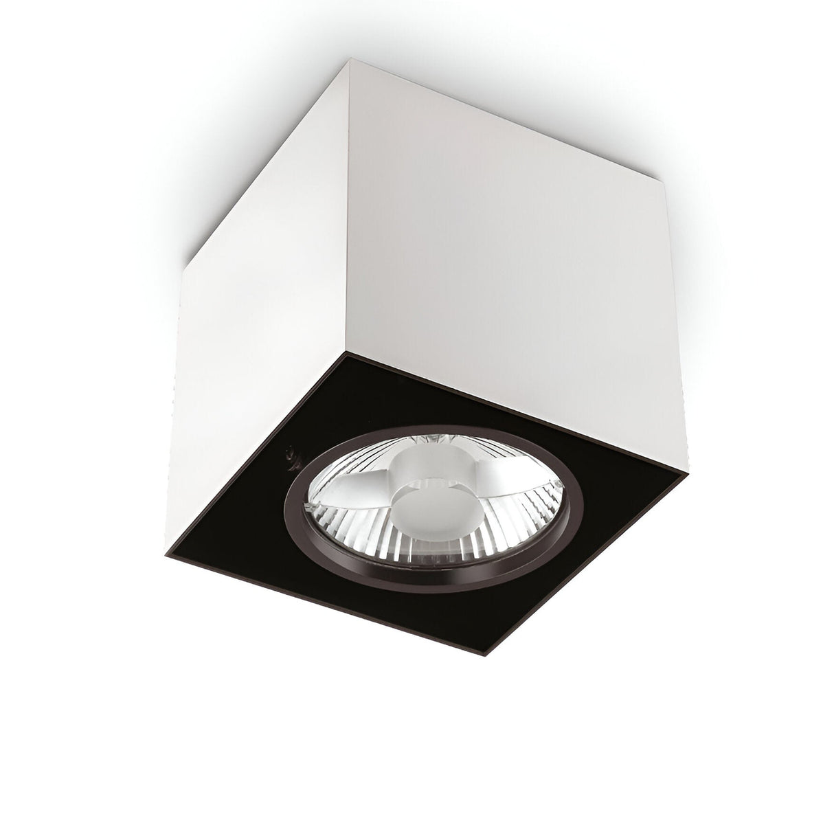 Introducing the Eclipsa Square Downlight in white, featuring a minimalist and sleek design. This modern ceiling light fixture measures 9cm and includes a dimmable function. It is encased in a cube-shaped housing with a circular, recessed GU10 bulb centrally positioned for an elegant touch.