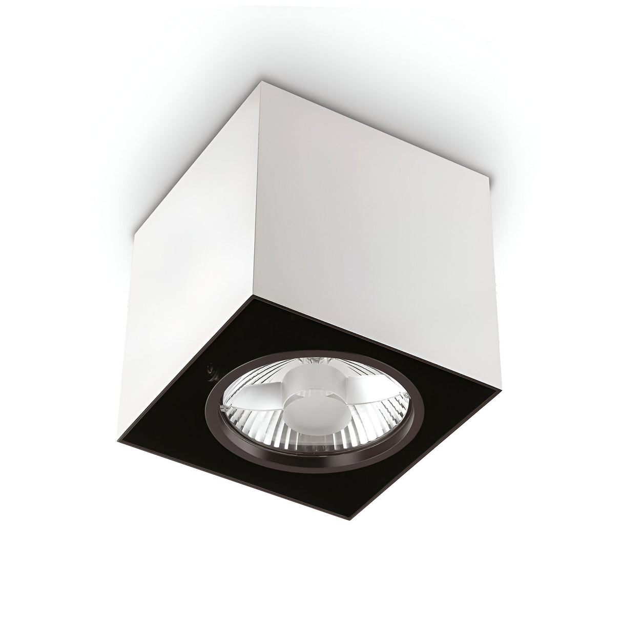 The Eclipsa Square Downlight in white features a ceiling-mounted design with a recessed circular bulb at its center. Ideal for contemporary spaces, this fixture offers a sleek and minimalist aesthetic with a reflective surface around the bulb, ensuring a seamless integration into any room.