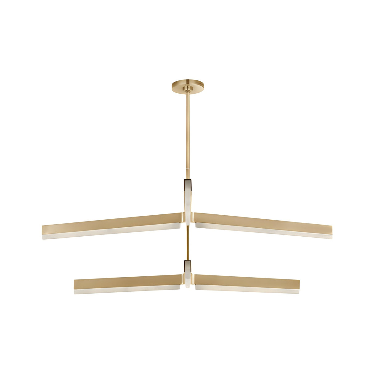 The Elvaris LED 2 Tier Radial Alabaster Chandelier in brushed brass and soft white features two horizontal tiers of radial arms extending from a central rod, offering sleek, modern illumination suspended elegantly from the ceiling.