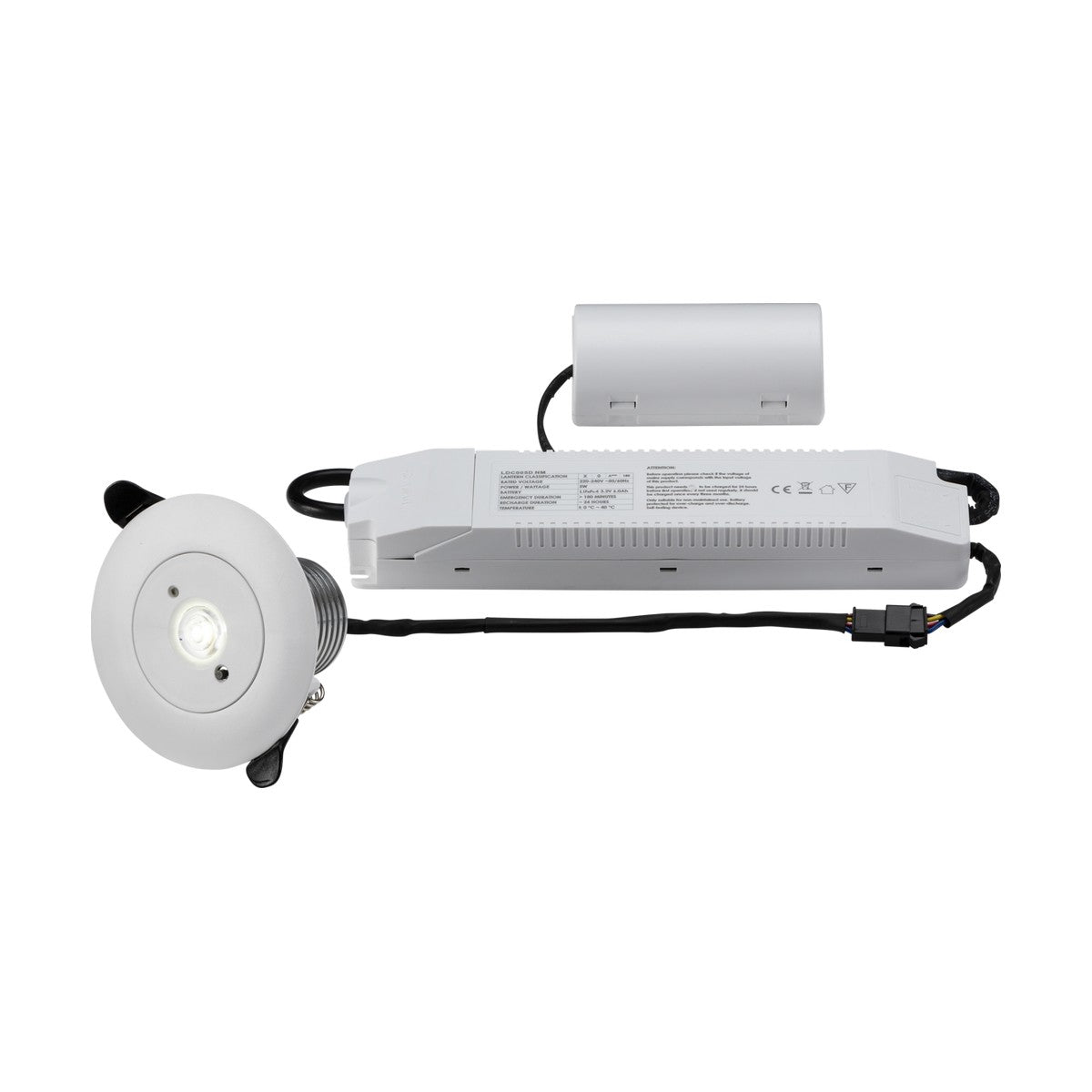 A 5W LED Emergency Downlight 5500K (Non-Maintained Use Only) featuring a round design with a white casing is connected to an elongated rectangular power unit. Two wires extend from this unit, connecting to the downlight and a small rectangular component powered by a reliable LiFePO4 battery.