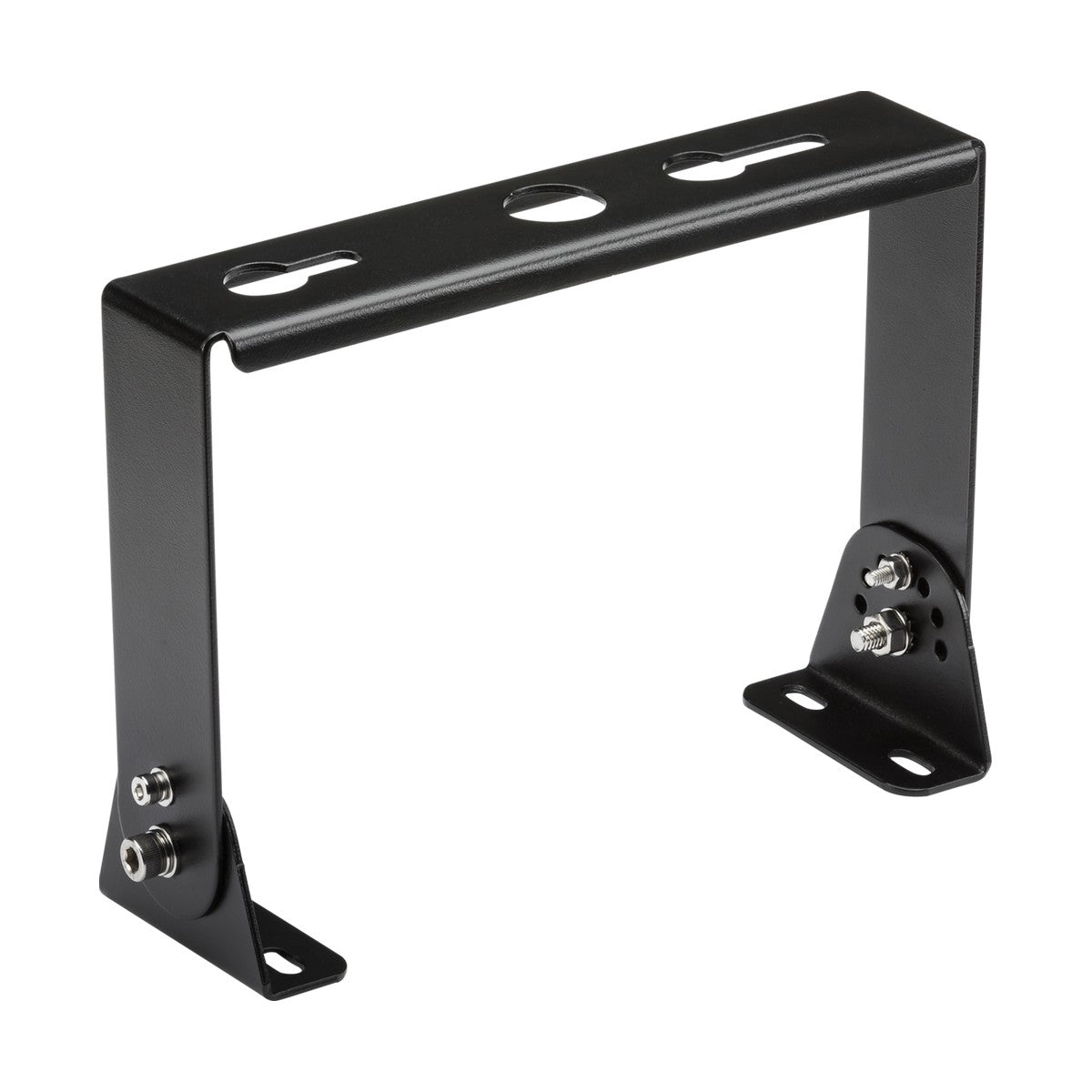 Introducing the Surface Mounted Bracket for POTHB2, a black metal bracket with a rectangular frame and mounting holes. It features bolts and nuts at the bottom corners for secure installation, making it ideal for high bay or shelving installations in lighting applications.