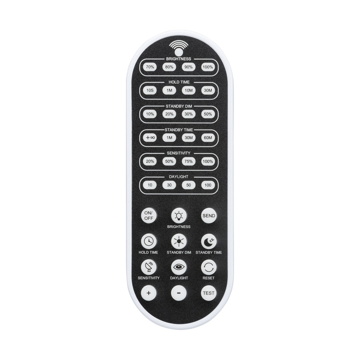 Introducing the Programming Remote Control for POTHBMS, designed with numerous buttons to adjust settings like brightness, hold time, standby dim, sensitivity, and daylight. Crafted for energy efficiency and optimal illumination, it includes features such as power on/off, brightness adjustment, and a test button all housed in a robust polycarbonate casing.