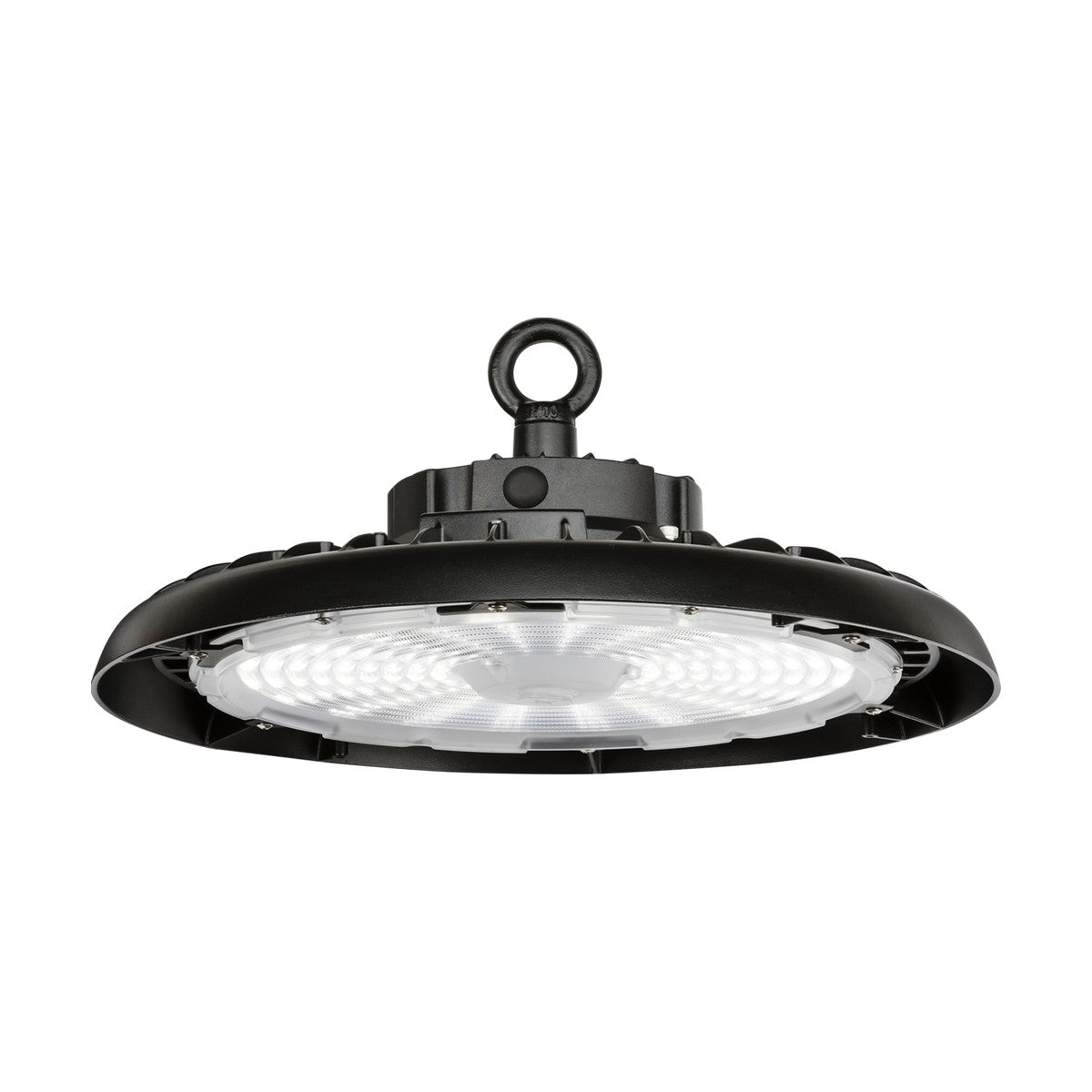 Introducing the Potentia LED High Bay 150W CCT Adjustable Wattage IP65 light fixture—a circular black design from the POTENTIA range. Equipped with Lumiled LEDs and a frosted glass cover, it features a convenient hook for ceiling mounting. Its industrial style is ideal for illuminating large spaces such as warehouses or gyms.