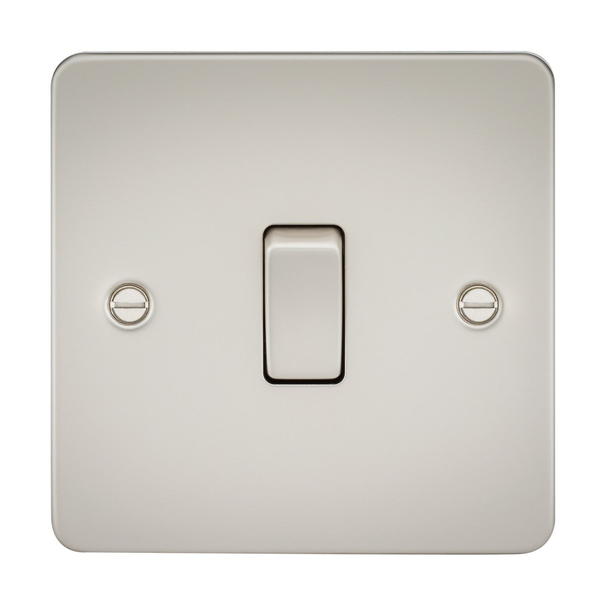 The 20A 1 Gang DP Switch - Pearl features a beige rectangular rocker centered on a flat plate, with two visible screws on either side, presenting a simple and modern design.
