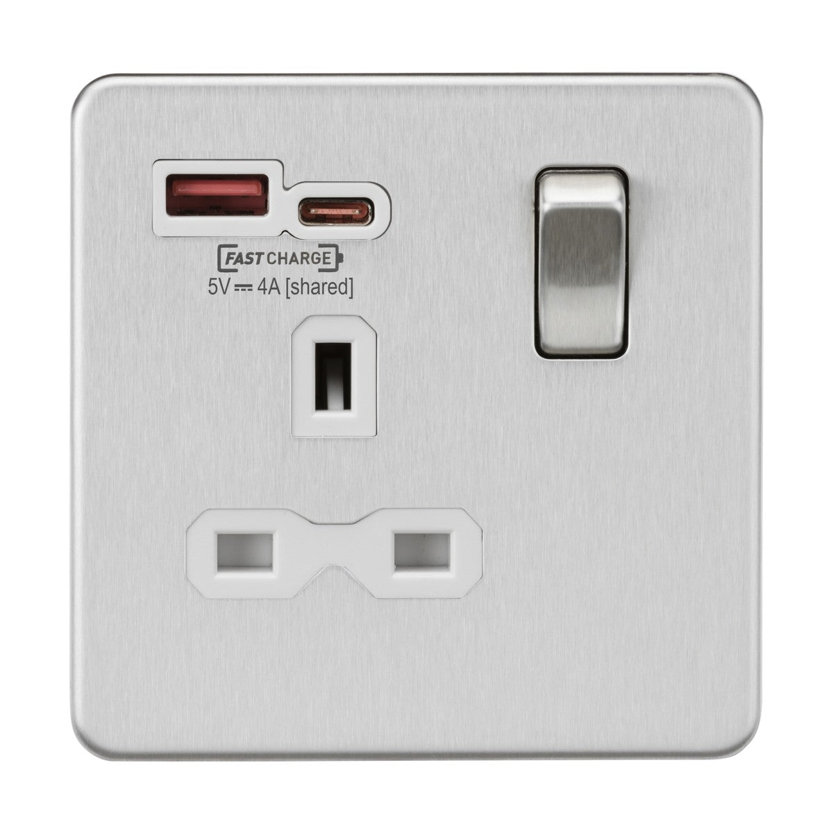 A brushed chrome metal wall socket, known as the 13A 1 Gang SP Switched Socket with Dual USB A+C, comes with three outlets: a USB-A port, a FASTCHARGE-labeled USB-C port that features intelligent adaptive charging, and a traditional three-pin plug. It also includes a switch on the right side for optimal control, featuring a white insert and screwless design.