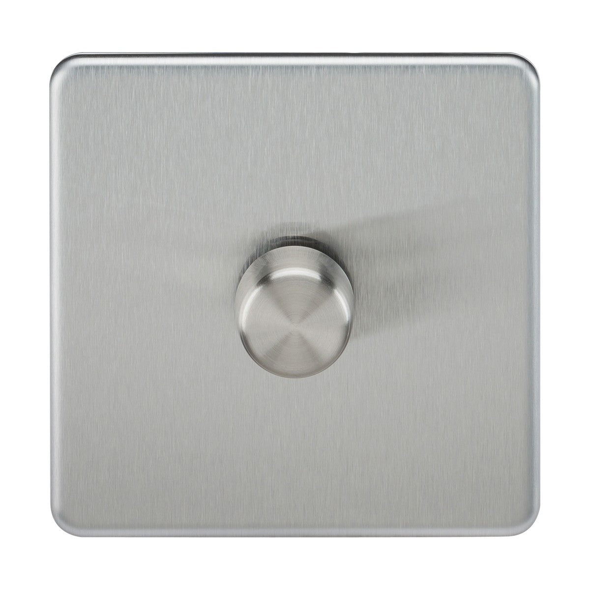 Introducing the 1 Gang 2-Way 10-200W (5-150W LED) Intelligent Dimmer in Brushed Chrome. This dimmer switch boasts a square format with a round, central knob and a screwless, low-profile design that exudes minimalist and modern appeal. It features smooth edges and a reflective brushed chrome finish, offering a versatile solution compatible with both trailing-edge and leading-edge modes.