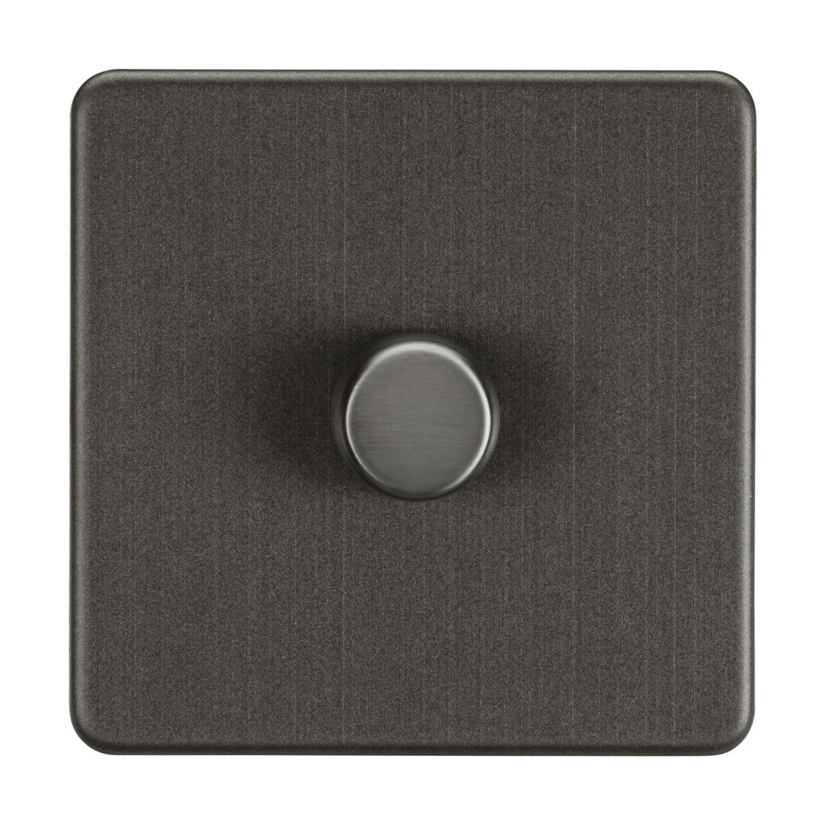 The 1 Gang 2-Way Intelligent Dimmer in smoked bronze has a minimalist, screwless design with a round knob on a white background, offering optimal LED performance.