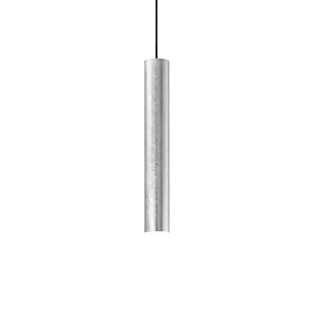 The Noctis 1 Light Pendant - Silver, 6cm boasts a minimalist, cylindrical design that elegantly hangs from a black cord against a white background, perfectly embodying the sleek form of modern lighting aesthetics.