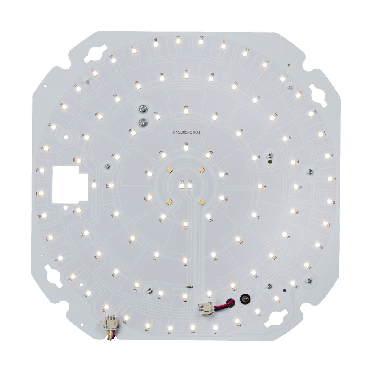 Introducing the TENAX 10-20W CCT Emergency LED Gear Tray, a circular gear tray with multiple small LEDs arranged in concentric patterns on a white circuit board. It offers wattage and color adjustability, ensures easy installation, and includes various connectors and components along with two wires attached on one side.