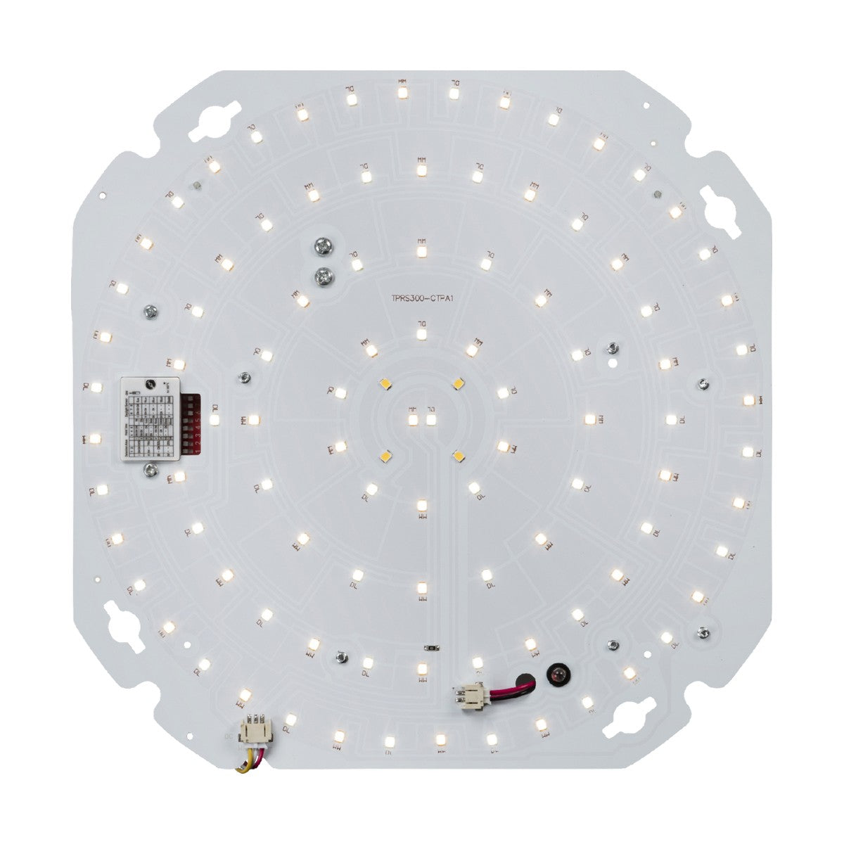 Introducing the TENAX 10-20W CCT Emergency LED Gear Tray With Sensor: a circular LED circuit board that boasts numerous small, evenly spaced LED lights arranged in concentric circles on a white square base. Utilizing Knightsbridge technology, this design allows for wattage and color adjustment and includes various components and connectors with intricate circuit pathways visible.