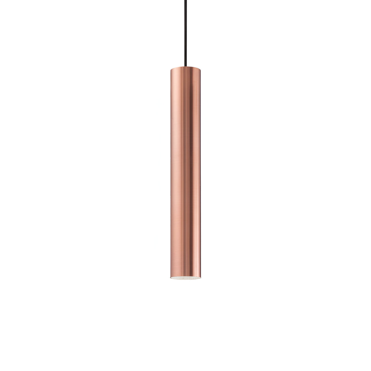 The Noctis 1 Light Pendant - Copper, measuring 6cm, features a sleek cylindrical design and hangs from an adjustable fabric cable, elegantly contrasting against a plain white background.