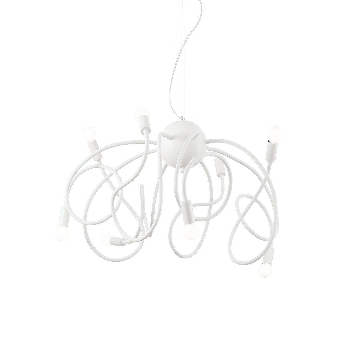 The Radiance 8 Light Suspension - White captures minimalist elegance with its modern chandelier design, featuring multiple intertwining white arms that each culminate in a bulb. Its abstract loops and curves form a striking contemporary light fixture against the plain white background.