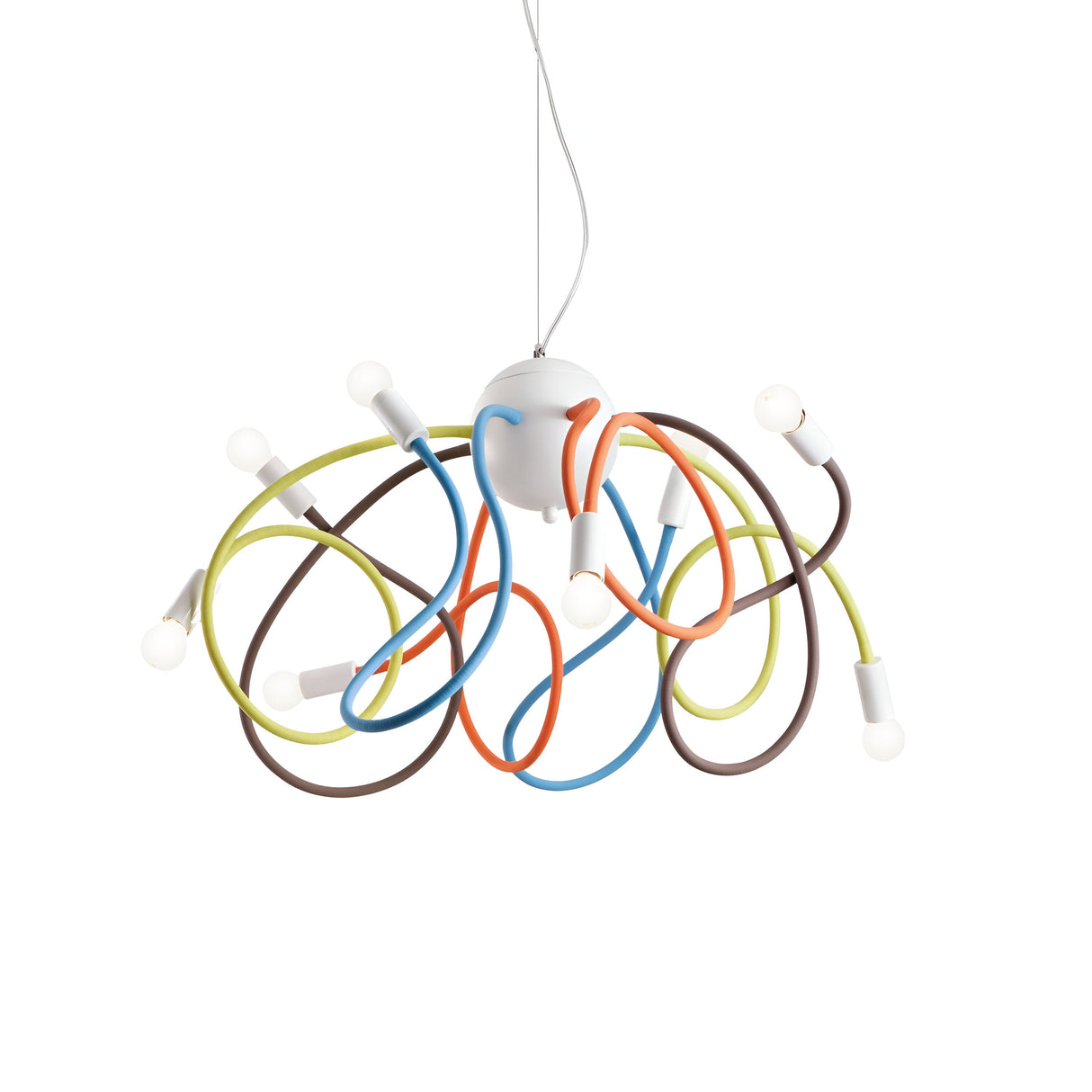 Introducing the Radiance 8 Light Suspension - Multicolour: a contemporary chandelier featuring adjustable arms adorned with multiple curved wires in vibrant blue, orange, green, and brown hues. Each wire culminates in a white light bulb, complementing the sleek white central fixture. This striking ceiling light elegantly hangs from a single cord.