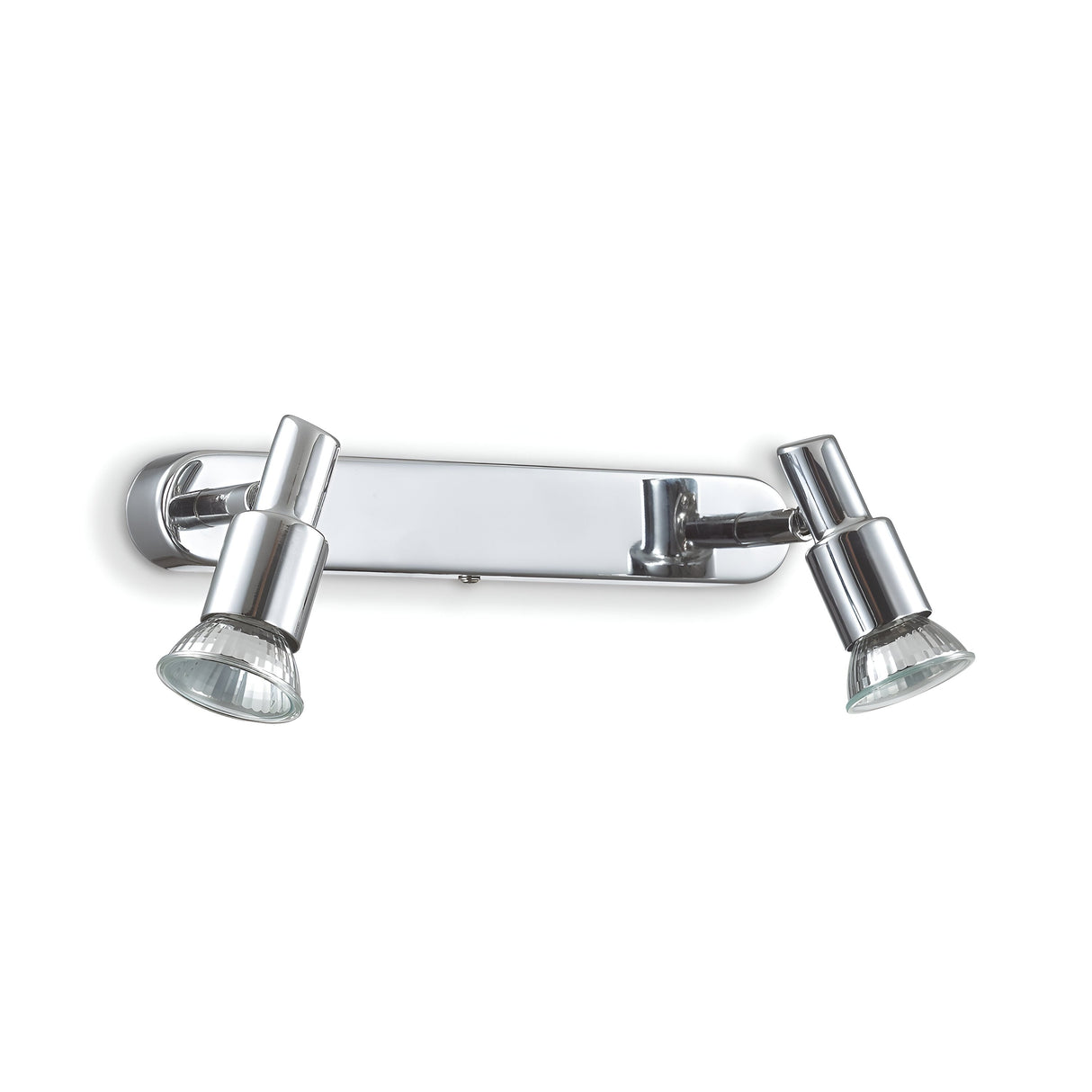 The Crest Twin Bar Spotlight - Chrome is a modern wall-mounted light fixture with a rectangular metallic base, featuring chrome spotlights that use GU10 bulbs. Each of its two adjustable lights has a conical glass shade oriented in opposite directions, boasting a sleek and contemporary design finished in polished chrome.
