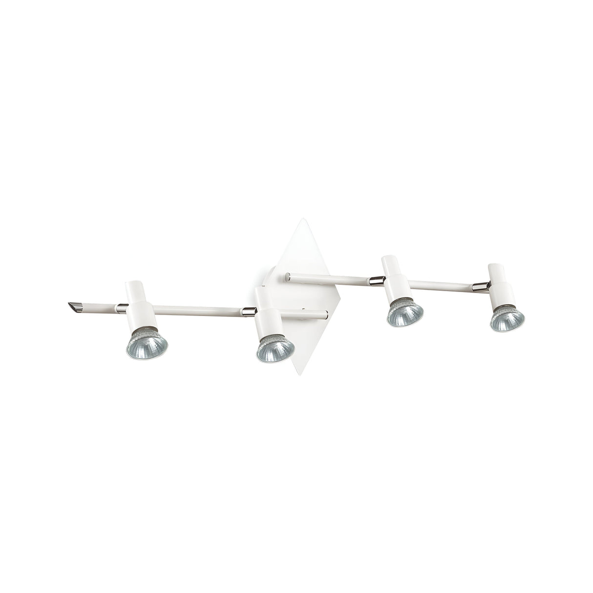 The Crest Quad Bar Spotlight in White is a contemporary lighting fixture featuring adjustable spotlight heads mounted on a diamond-shaped wall base. Each of the four lights includes a circular reflector and supports GU10 bulbs, providing versatile illumination for any space.