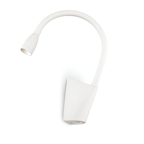 Introducing the Crown LED Wall Lights in white: a sleek and modern fixture with a flexible neck and conical light head, crafted from aluminum. Featuring energy-efficient LED lighting, its intuitive controls on the base allow for adjustable brightness, perfect against any plain white background.