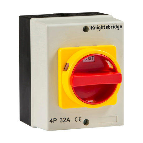 The 32A 4 Pole Rotary Isolator features a square design with a yellow frame and a red handle, currently positioned in the off setting, adhering to safety standards. The Knightsbridge logo is prominently displayed at the top, while "4P 32A" is marked on it along with CE certification on the bottom front. This insulated AC switch is IP65 rated for enhanced protection.