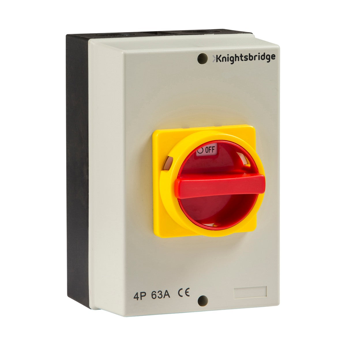 The gray IP65 rated 63A 4 Pole Rotary Isolator, designed with black sides and labeled with markings "4P 63A CE" at the bottom, features a rectangular electrical switch box complete with a red rotary switch against a yellow background. The insulated AC switch from Knightsbridge clearly indicates an OFF position.