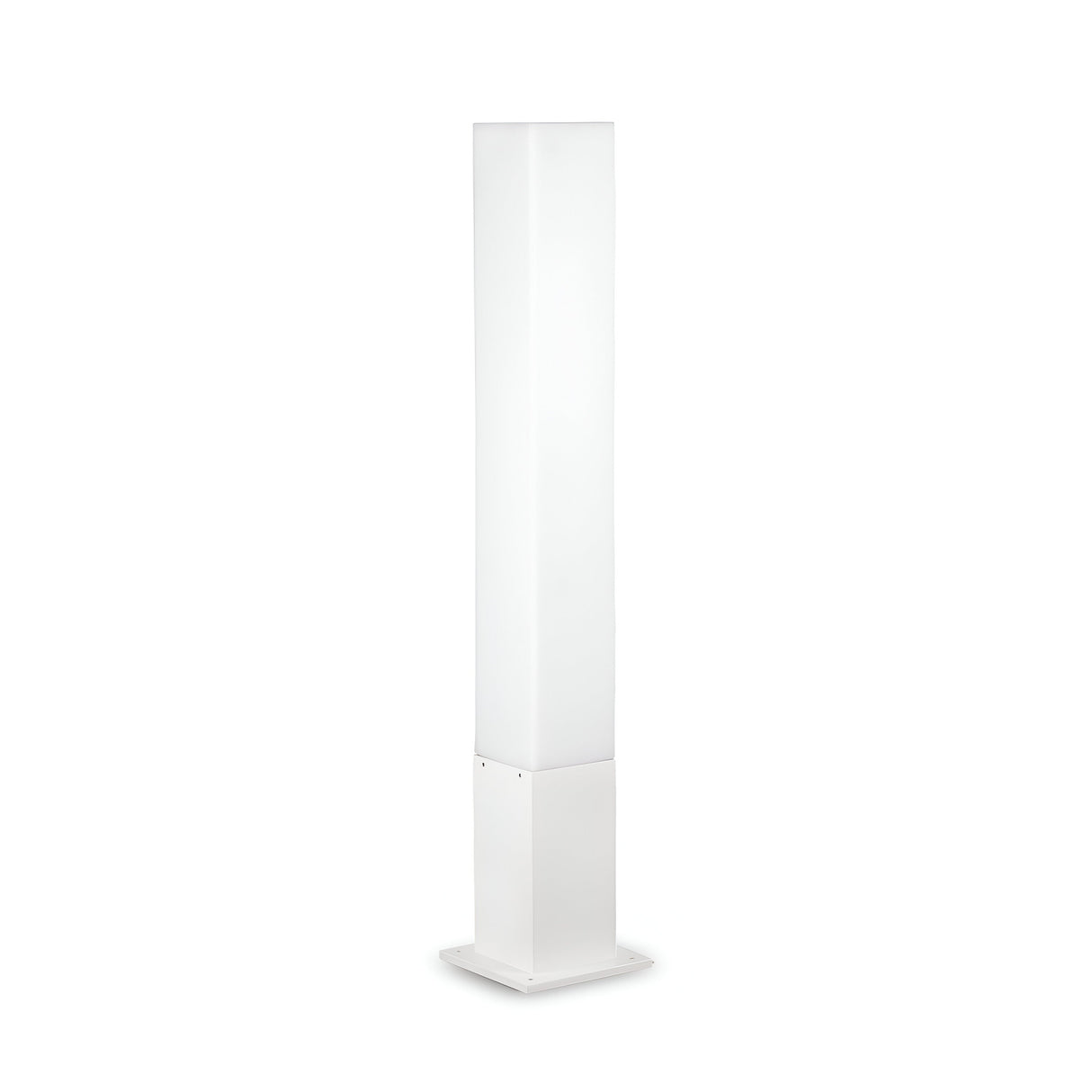 The Lumira Square Outdoor Bollard Light in white features a minimalist, tall rectangular design and a square base, crafted from durable cast aluminum. It emits a soft, ambient light through its white polycarbonate diffuser.