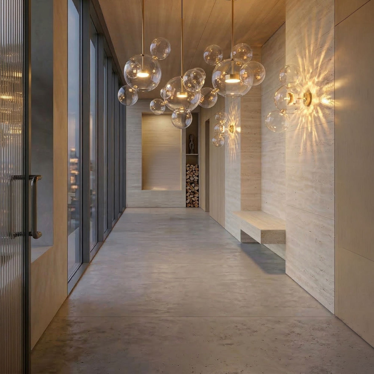 Niori Bubble 3 Light LED Glass Linear Pendants in gold illuminate a modern hallway with travertine walls, a built-in bench, and floor-to-ceiling windows.