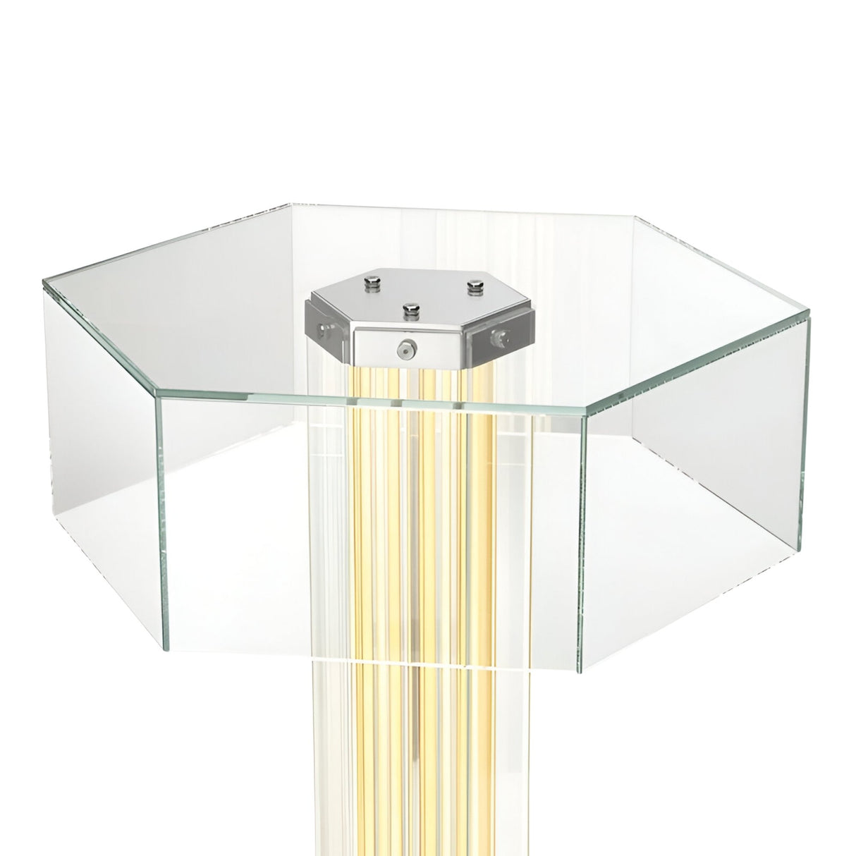 The Vera Dimmable LED Strip Table Lamp - Clear features a hexagonal glass shade, vertical LED light tubes, and a metallic top fixture for modern ambient lighting.