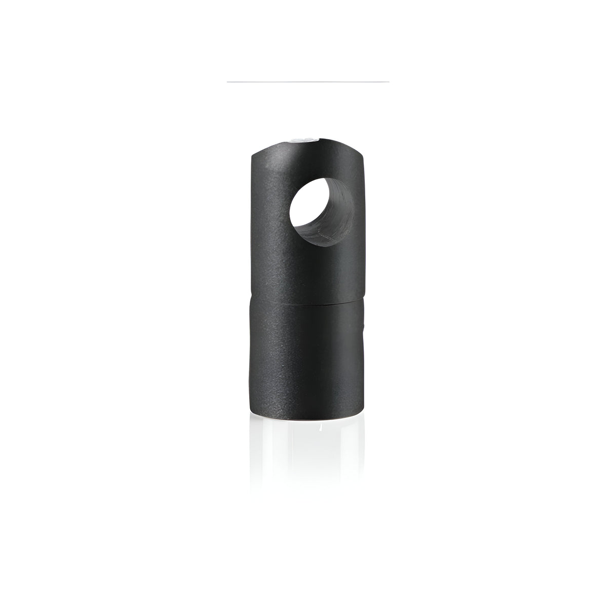 Introducing the Sparion Large Cable Holder - Black: A sleek and stylish black cylindrical adapter with a smooth matte finish, perfect for efficient cable management. Designed with a circular opening at the top for easy connection or attachment, it is crafted from durable metal. Its curved surface elegantly reflects light off any glossy surface below, enhancing and complementing any setup.