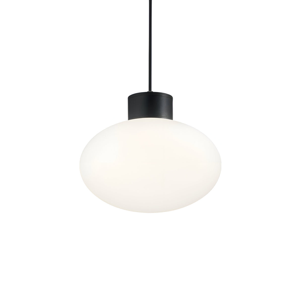 Introducing the Photonix Light Pendant - Black, featuring a smooth, round white glass shade paired with a sleek black fixture. This sophisticated piece is suspended from a matching black cord and epitomizes modern lighting design against a plain white background.