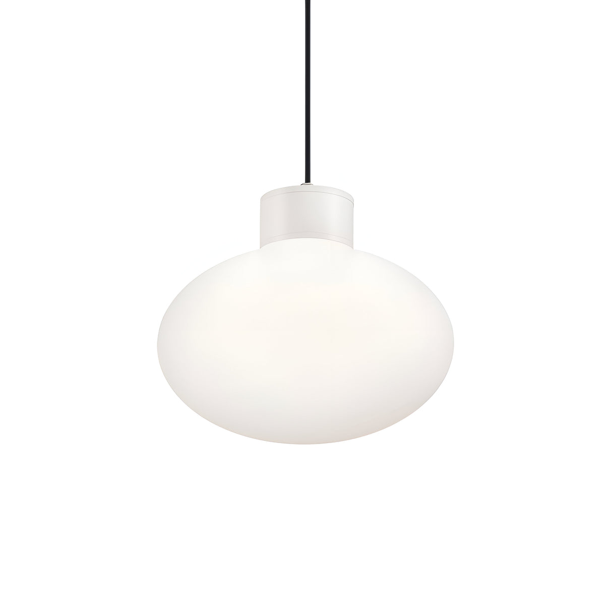 The Photonix Light Pendant - White showcases a minimalist design, featuring a spherical white light elegantly suspended from a slender black cord, highlighting its modern aesthetic of elegance and simplicity against a plain white backdrop.