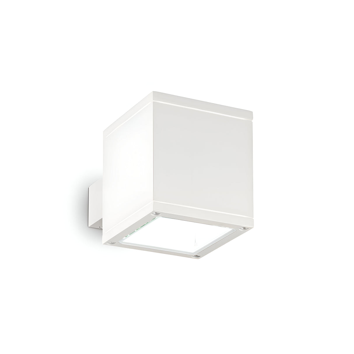 The Opus Square Outdoor Wall Light in white features a minimalist, cube-shaped design crafted from durable die-cast aluminium with a frosted Pyrex glass bottom. It is mounted on a small rectangular base, making it ideal for use as both an outdoor wall light and in indoor spaces.