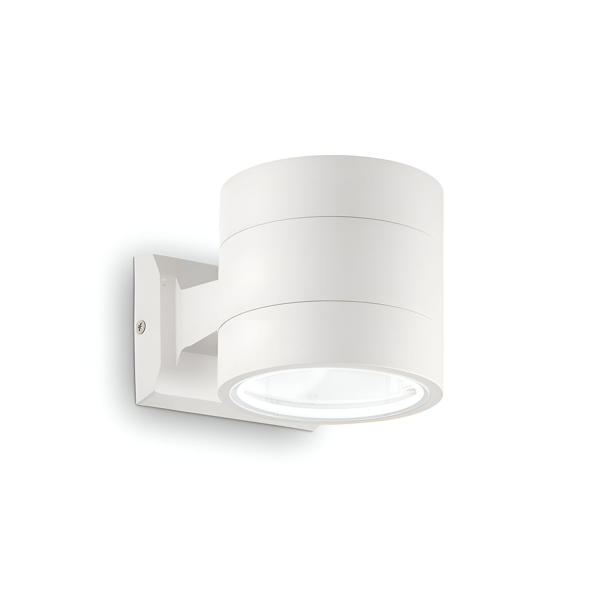The Opus Round Outdoor Wall Light - White is a modern white cylindrical fixture designed for outdoor use with a minimalist aesthetic. Made from die-cast aluminium, it boasts a smooth finish and mounts on a rectangular base. Its downward-directed light adds subtle elegance to any exterior space.