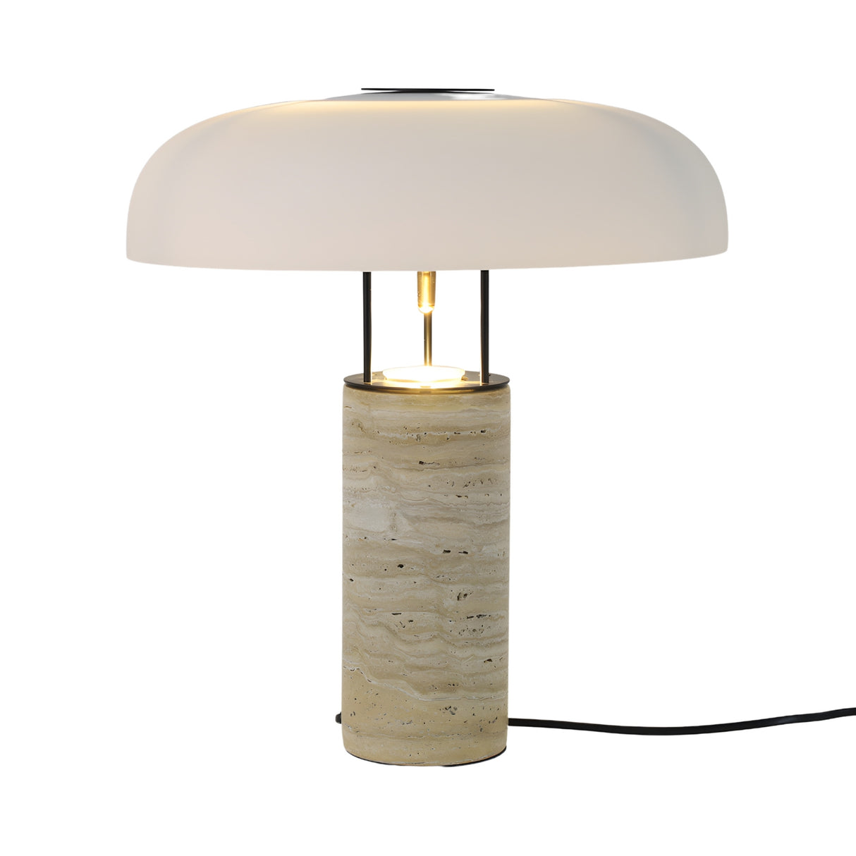The Caldrin 1 Light Stone Column Table Lamp in grey and white features a modern cylindrical base, black metal supports, a dome-shaped white shade for warm light, and comes with a black power cord extending from the base.