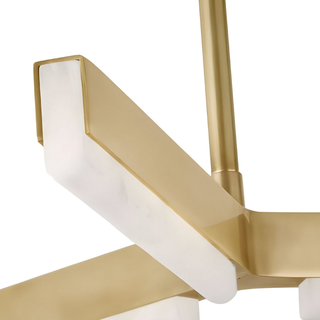 Close-up of the Elvaris LED 3 Tier Radial Alabaster Chandelier in brushed brass and soft white, featuring gold metal arms and rectangular alabaster shades in a minimalist geometric design.