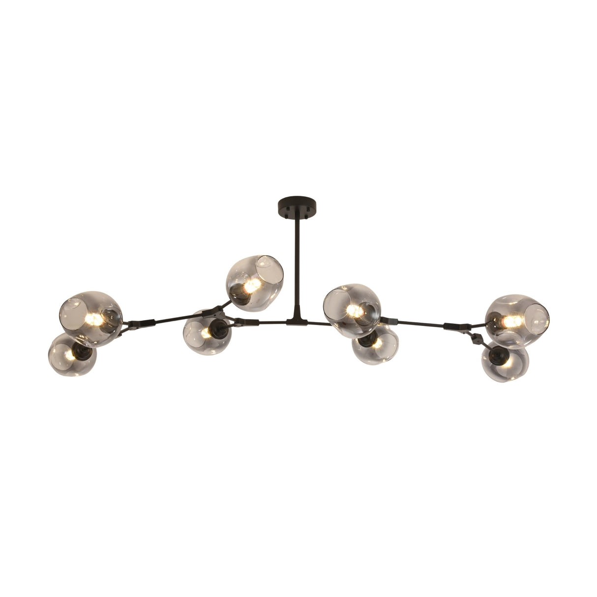 Niori Tree 8 Light Branching Suspension in matt black with eight smoked glass globes on asymmetric arms extending from a central ceiling stem.