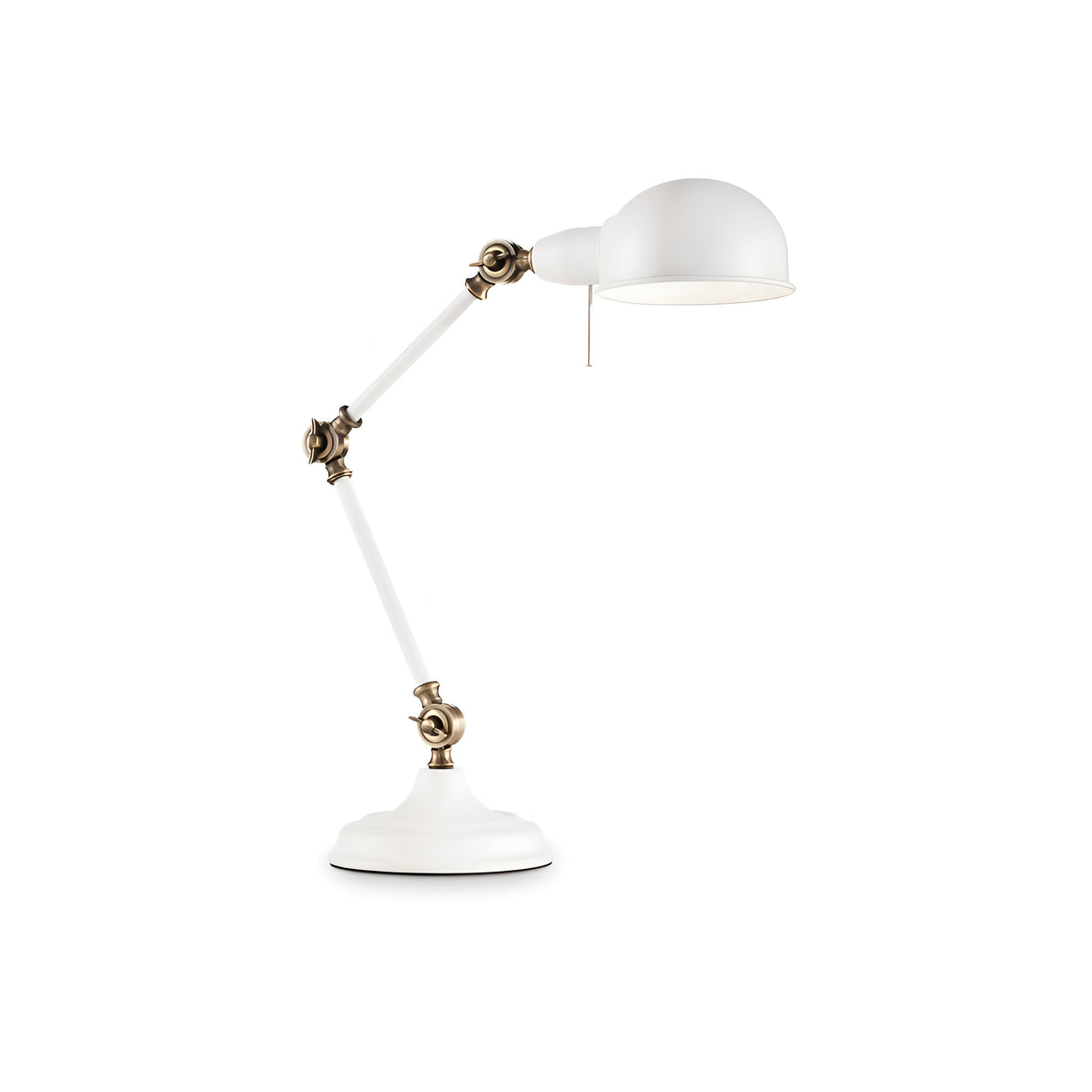 The Neo Table Lamp - White showcases a modern, adjustable arm and a dome-shaped shade, ideal for minimalist interiors. With its round base and sleek white metal design against a plain white background, it adds a touch of elegance to any space.