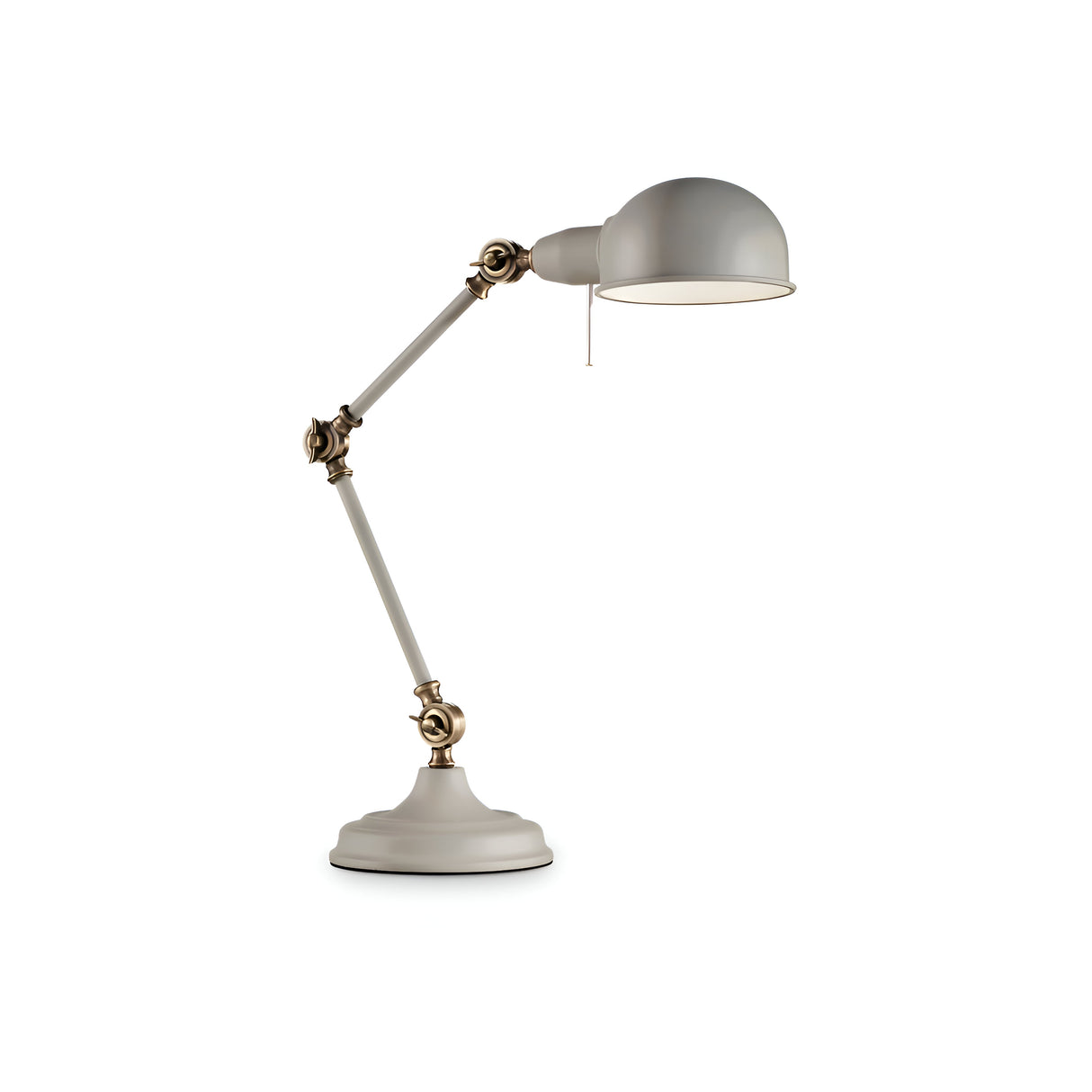 The Neo Table Lamp - Grey embodies a vintage aesthetic with its matte silver finish, adjustable arm, brass joints, and dome-shaped shade. This combination makes it ideal for modern workspace lighting. Its classic design stands out against a white background, blending functionality with style.