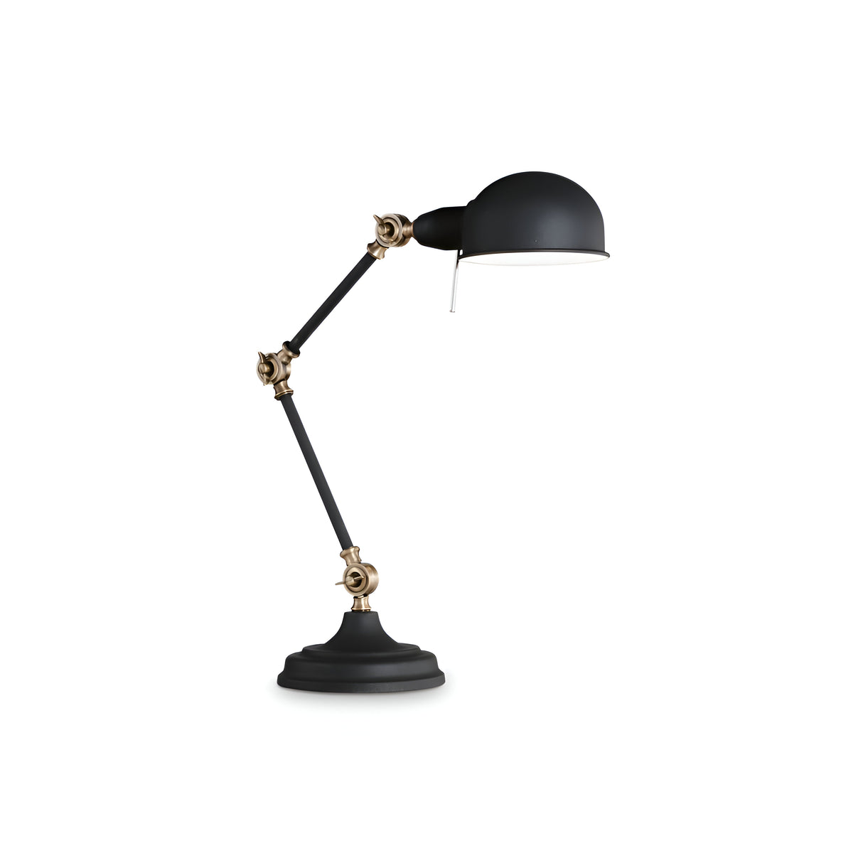Introducing the Neo Table Lamp - Black: a sleek and modern desk lamp featuring adjustable arms and a dome-shaped shade. It is designed with brass joints and a circular base, seamlessly combining stylish elegance with modern functionality for any workspace or study area.
