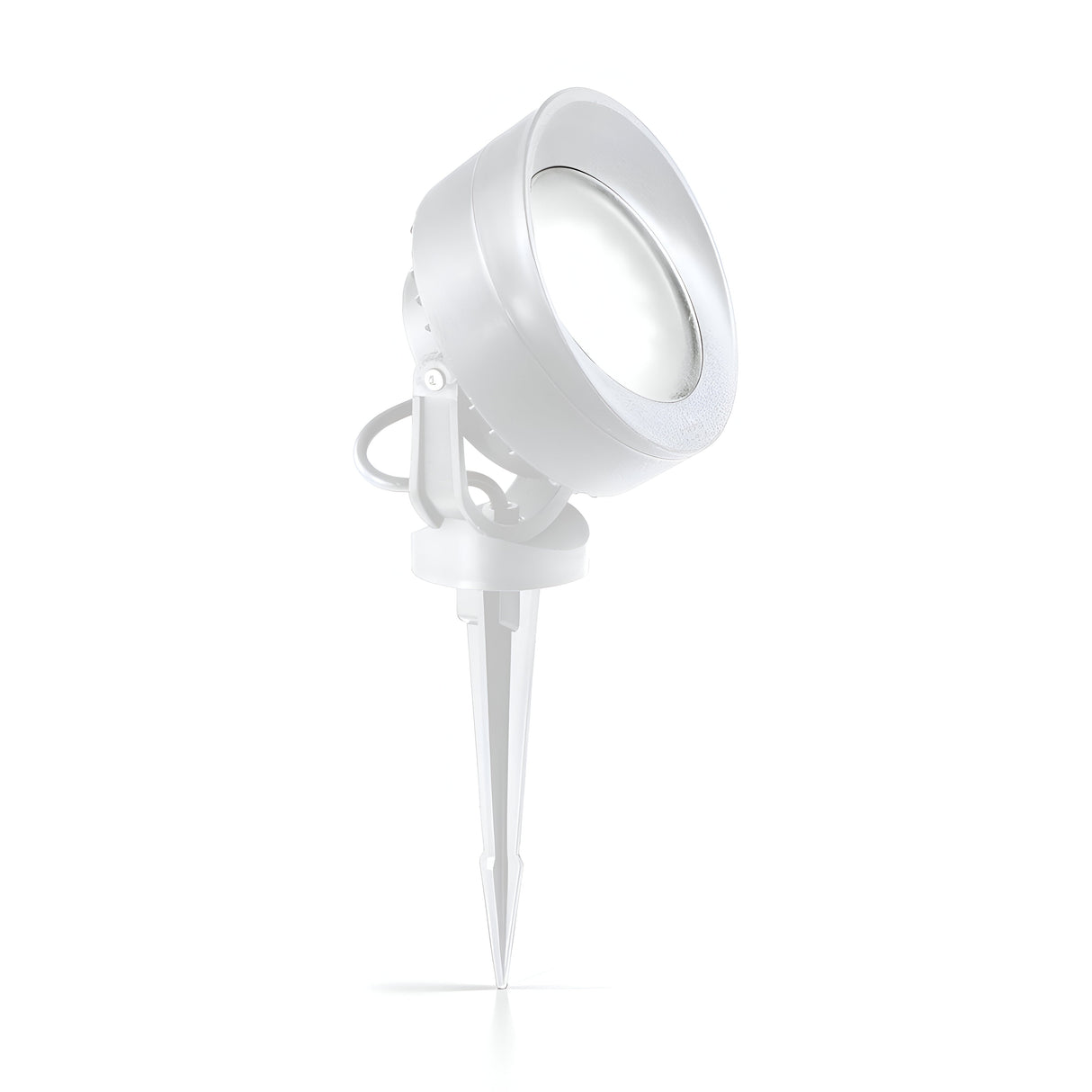 The Point-2 Outdoor Spot Spike Light in white boasts a sleek, modern design with a round, adjustable head and directional diffuser. It is equipped with a pointed stake for effortless ground installation and has an IP66 rating, ensuring it is robustly designed for exterior use.
