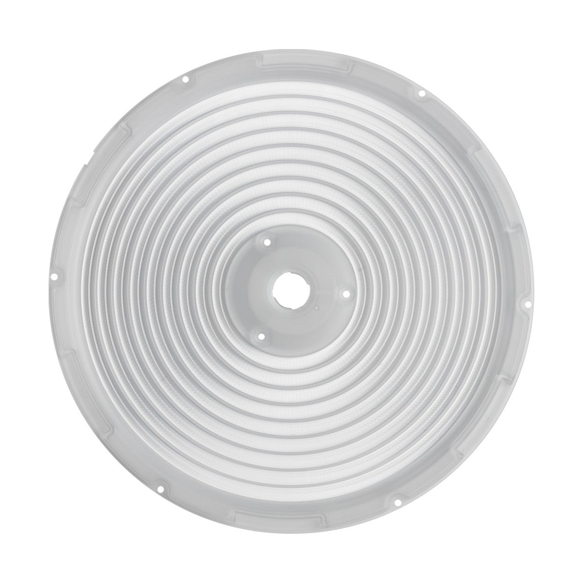 A circular, transparent polycarbonate 60° lens accessory for POTHB1, featuring concentric ridges and a central hole, is viewed from above. The surface texture stands out against a plain white background, reflecting the precision of a high bay lens accessory.