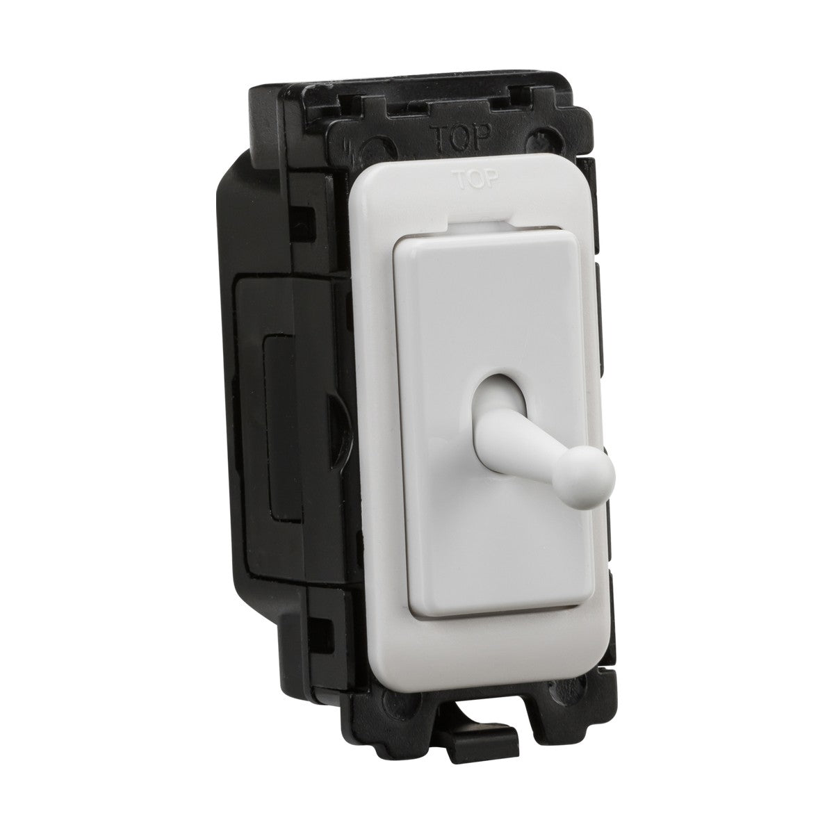 A 20AX DP Toggle Switch Module in white, featuring anti-microbial properties, is attached to a black mounting bracket and shown from a slight angle with the switch in the off position.