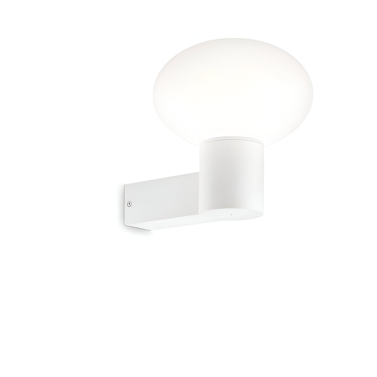 The Photonix Wall Light - White is a sleek wall-mounted lamp with a spherical frosted glass shade and a rectangular base, perfectly suited for minimalist decor. It casts a gentle, diffused light against the white backdrop, embodying contemporary elegance.